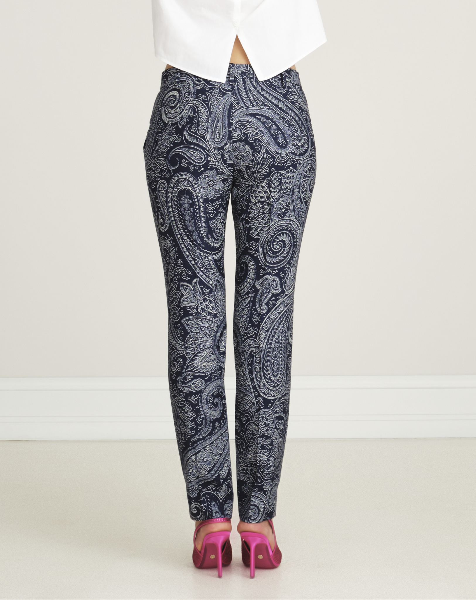 Etro- Navy Paisley Print High Rise Slim Pants  IT42